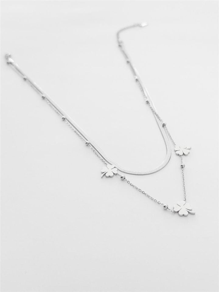 Kadın Çelik Çiftli Kolye Yonca Figürlü Silver Renk 45 cm