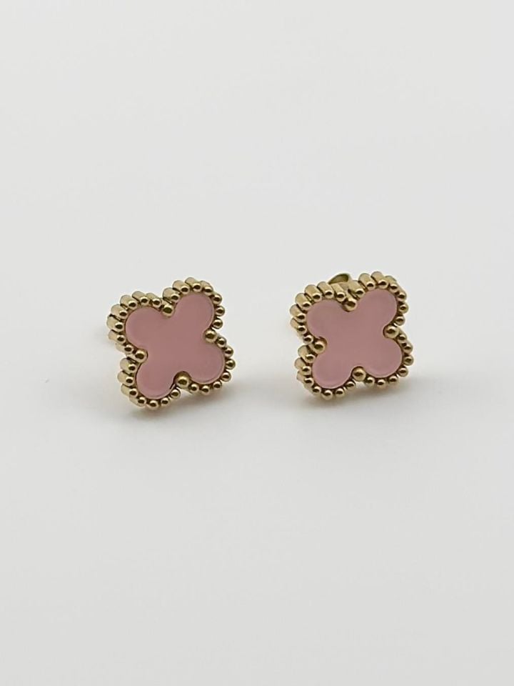 Çelik Yonca Model Küpe Pembe Gold Renk