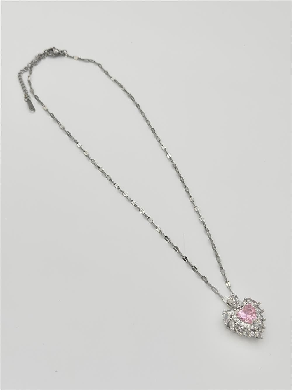 Kadın Çelik Kolye Kalp Figür Silver Renk Pembe Zirkon Taşlı