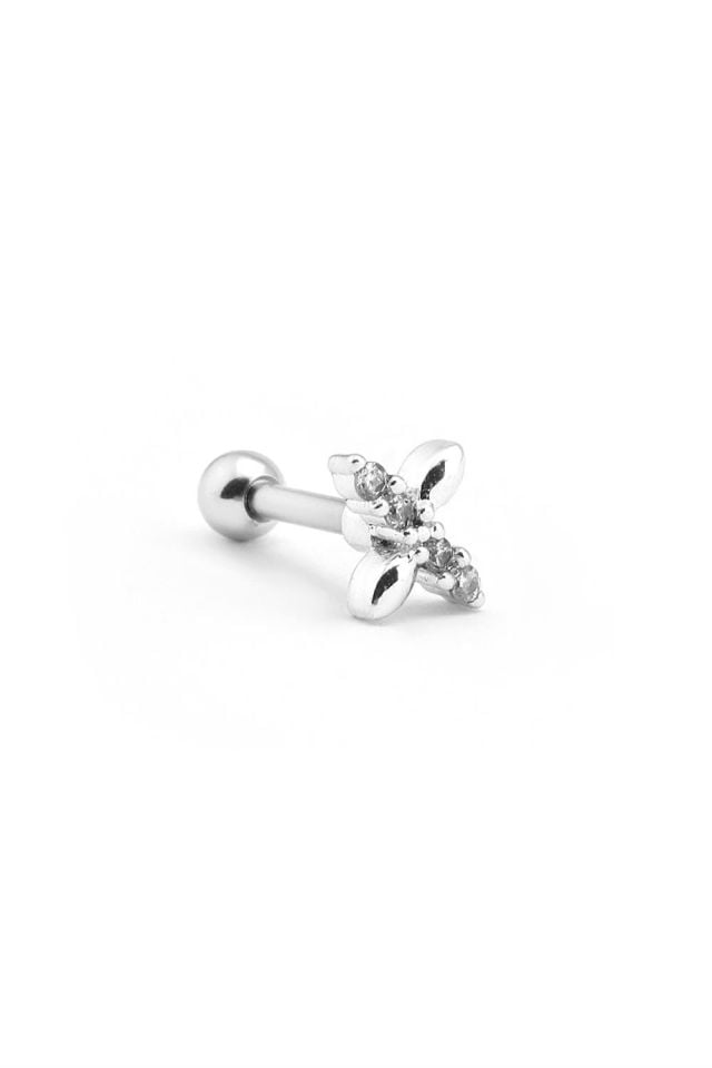 Çelik Tragus Piercing Çiçek Figürlü Zirkon Taşlı