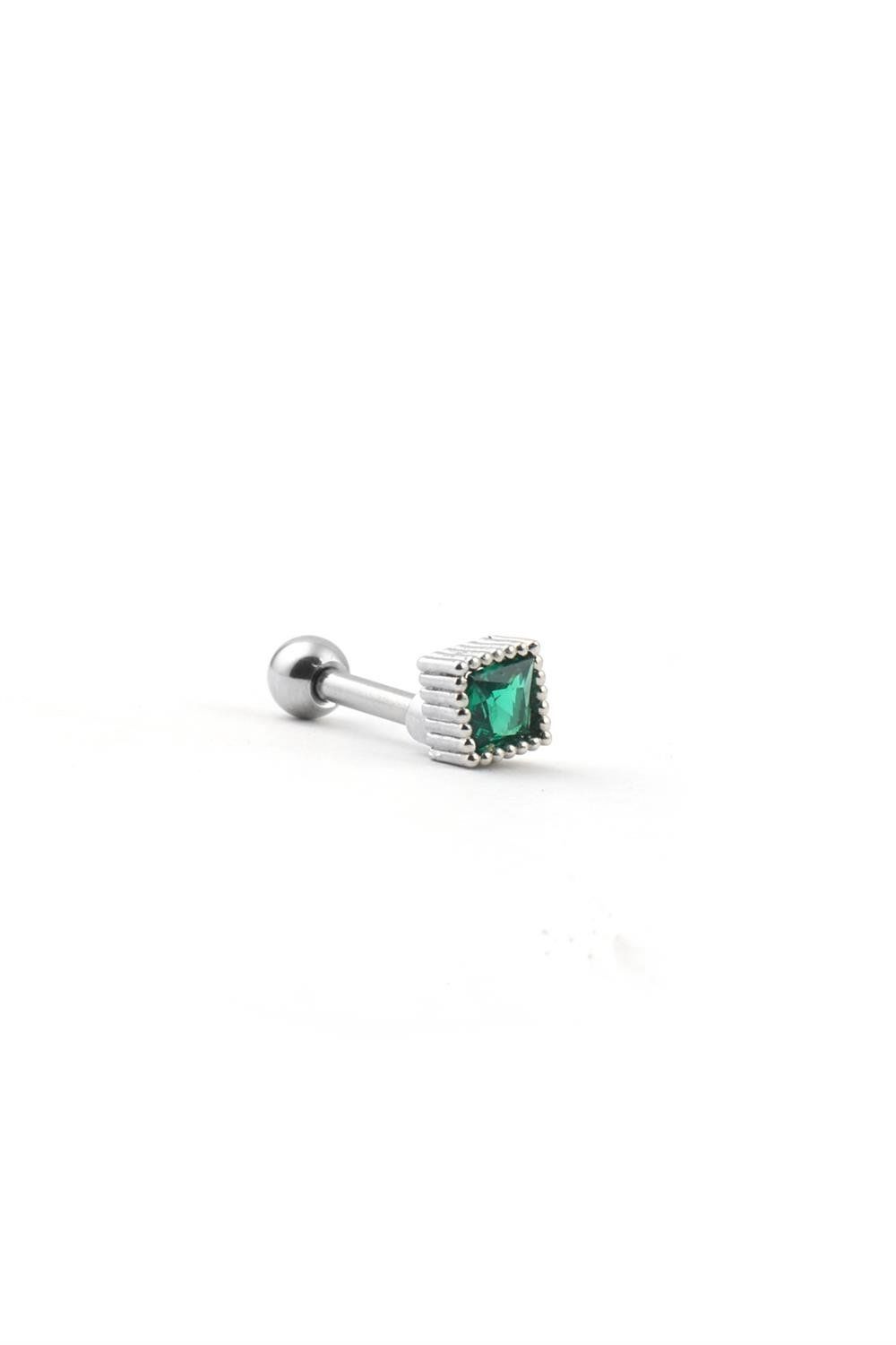 Çelik Tragus Piercing Kare Yeşil Tek Zirkon Taşlı
