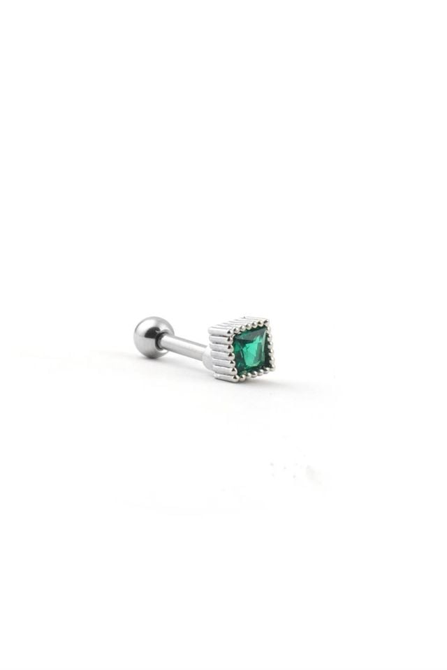 Çelik Tragus Piercing Kare Yeşil Tek Zirkon Taşlı