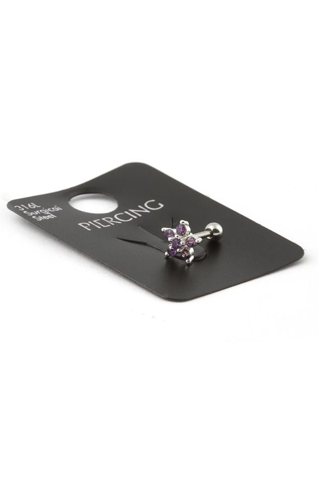 Çelik Tragus Piercing Çiçek Figürlü Zirkon Taşlı