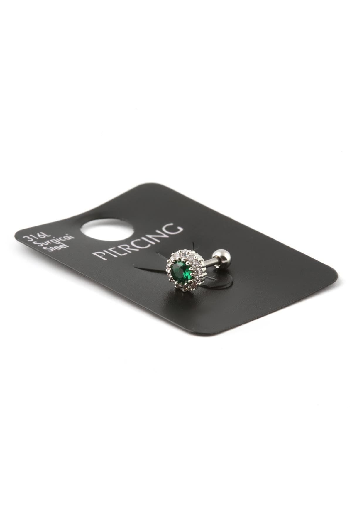 316L Cerrahi Çelik Tragus Piercing Yeşil Zirkon Taşlı
