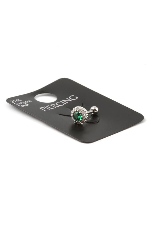 316L Cerrahi Çelik Tragus Piercing Yeşil Zirkon Taşlı