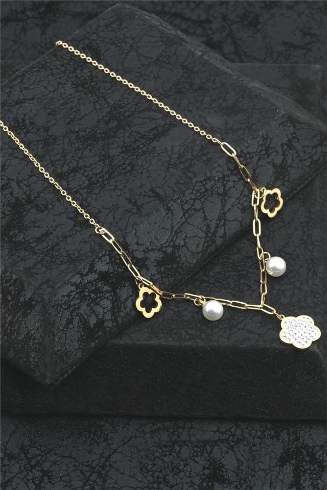 Kadın Çelik Kolye Yıldız Figürlü İncili Gold Renk
