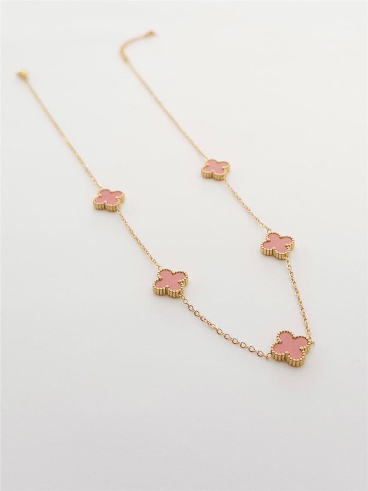 Kadın Çelik Kolye Pembe Beşli Yonca Figürlü Gold Renk 45 cm