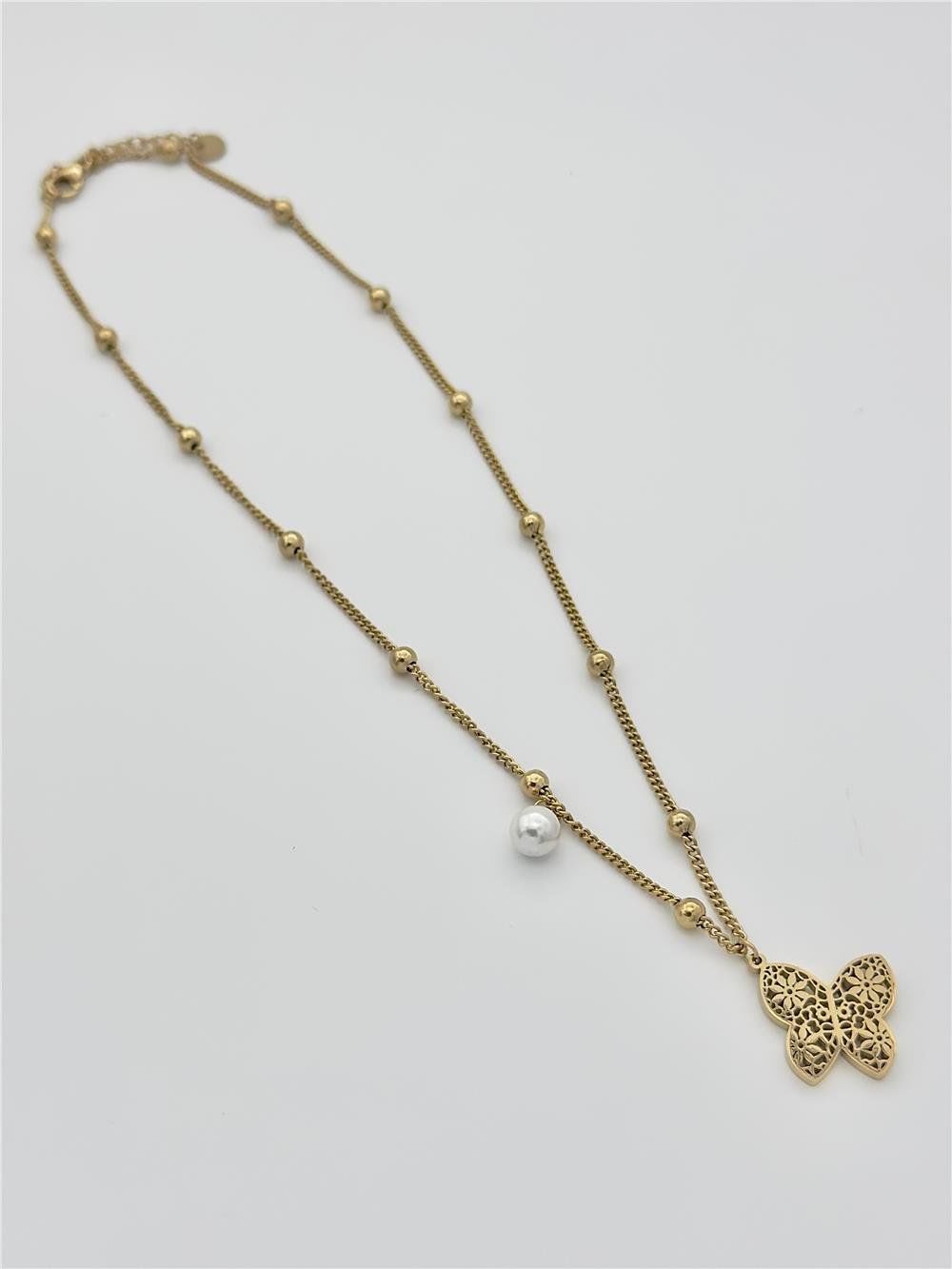 Kadın Çelik Toplu Zincirli İncili Motif Kelebek Figürlü Gold Renk Kolye 45 cm
