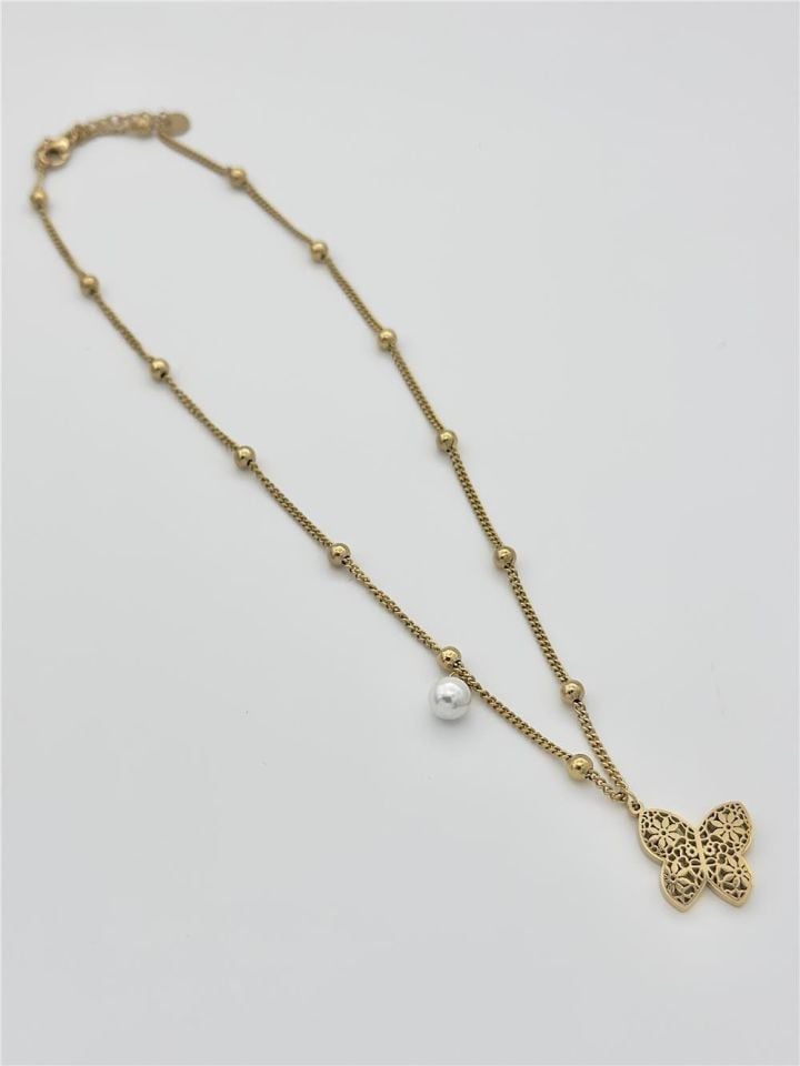 Kadın Çelik Toplu Zincirli İncili Motif Kelebek Figürlü Gold Renk Kolye 45 cm
