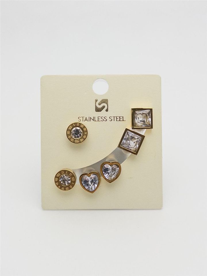 Çelik Altılı Love Roma Kare Model Gold Renk Küpe Set
