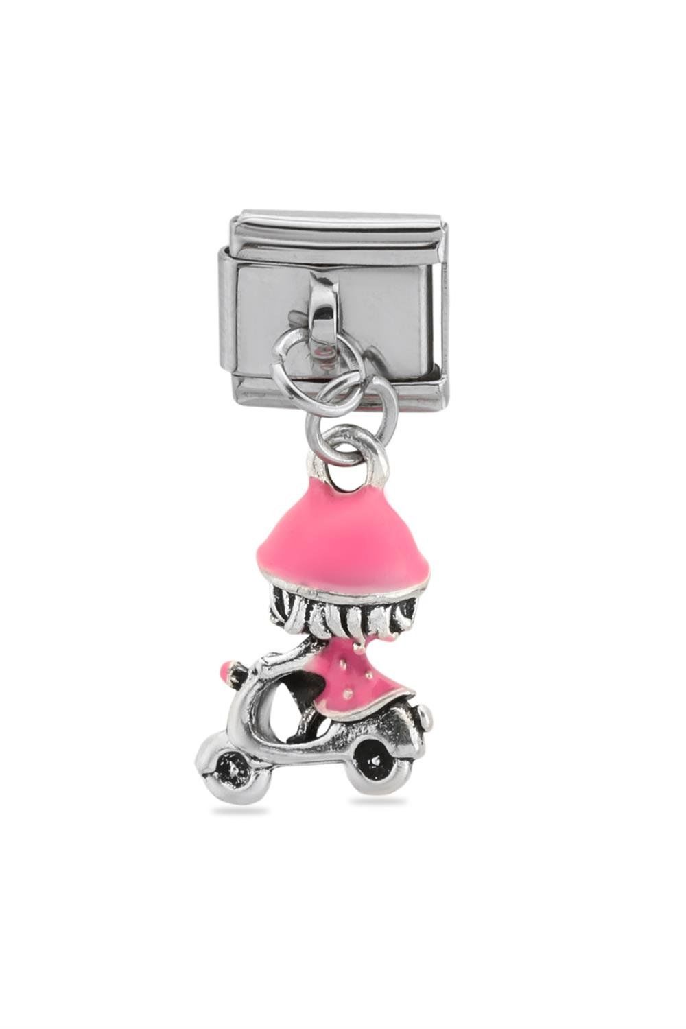 Çelik Charm Pembe Motosikletli Kız Figürlü