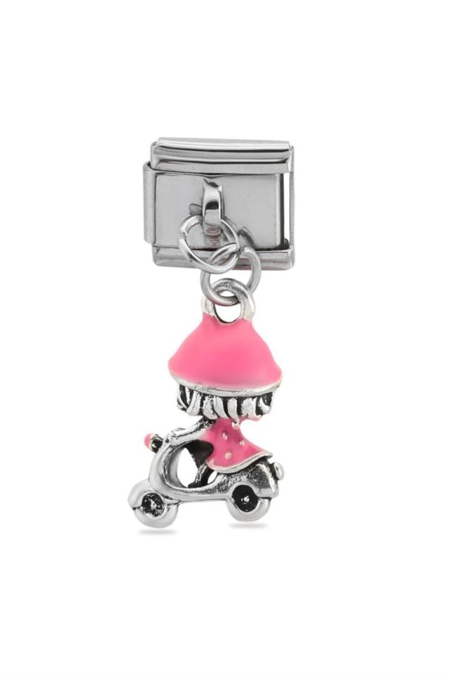 Çelik Charm Pembe Motosikletli Kız Figürlü