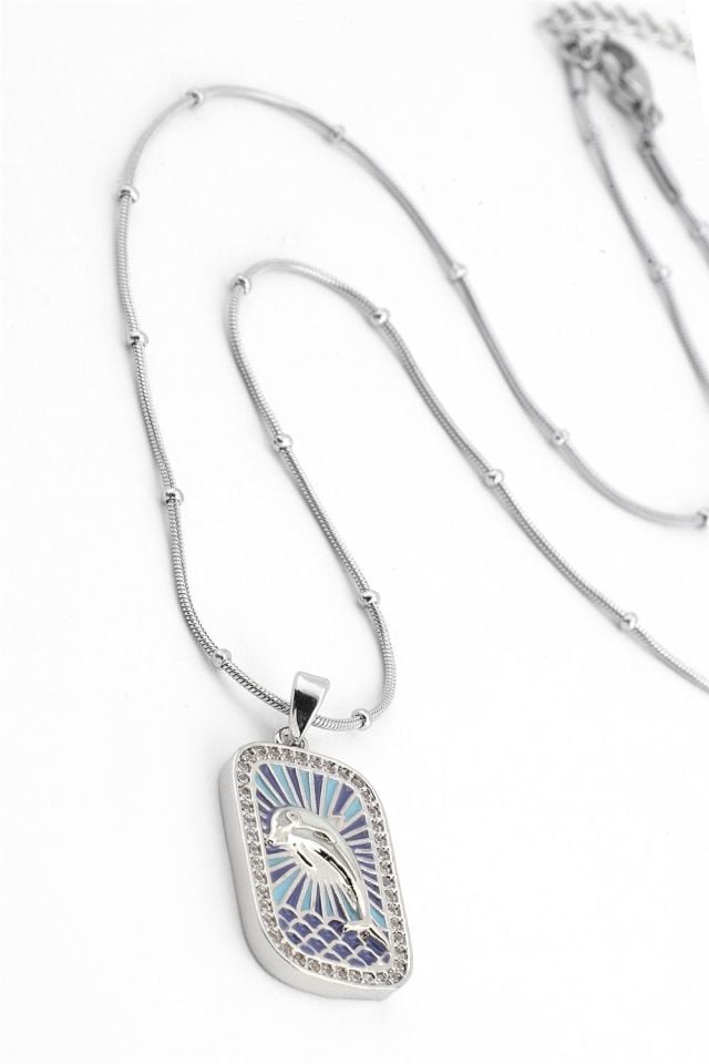 Kadın Çelik Yunus Figürlü Gümüş Renk Tarot Kolye 45cm