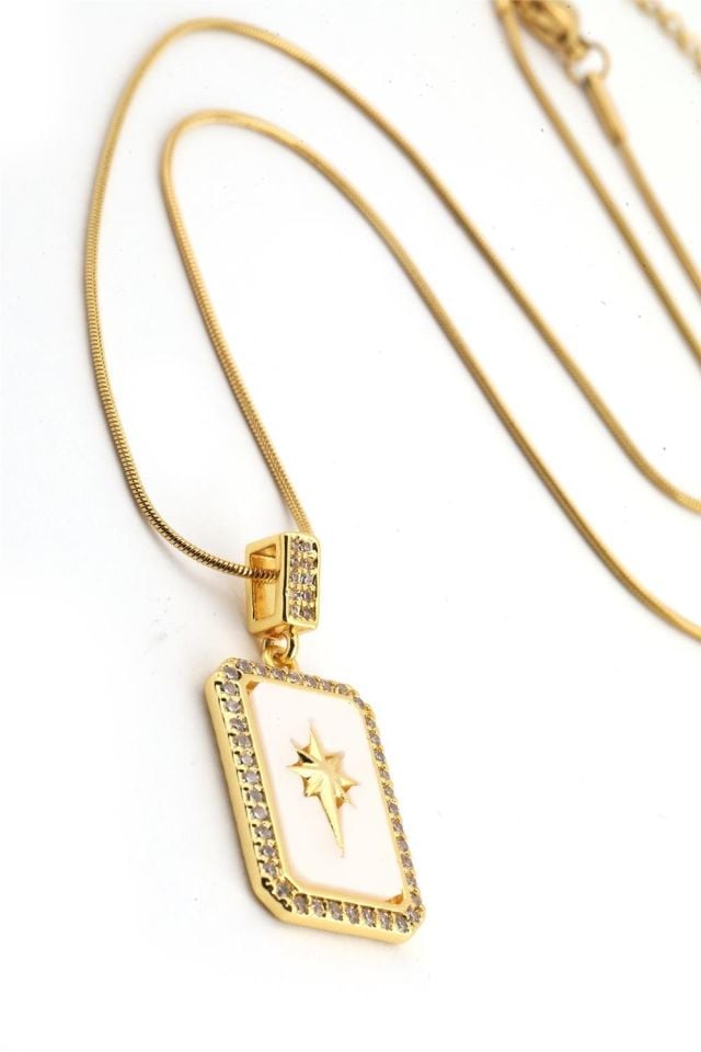 Kadın Çelik Kuzey Yıldızı Figürlü Gold Renk Tarot Kolye 45cm