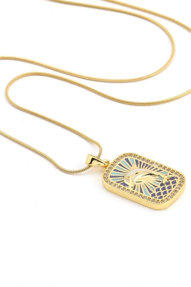 Kadın Çelik Yunus Figürlü Gold Renk Tarot Kolye 45cm