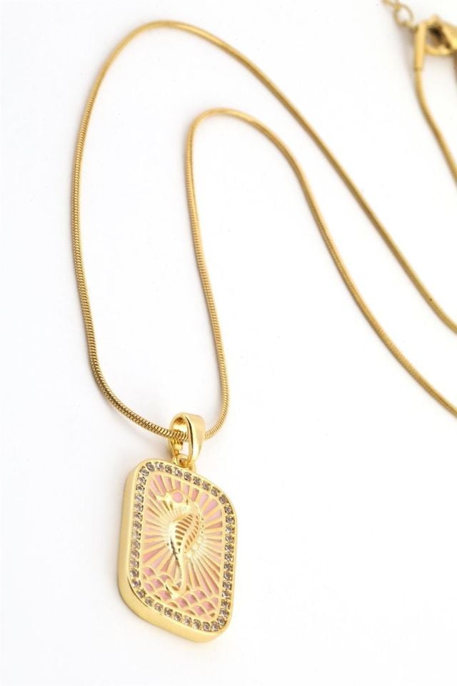Kadın Çelik Deniz Atı Figürlü Gold Renk Tarot Kolye 45cm