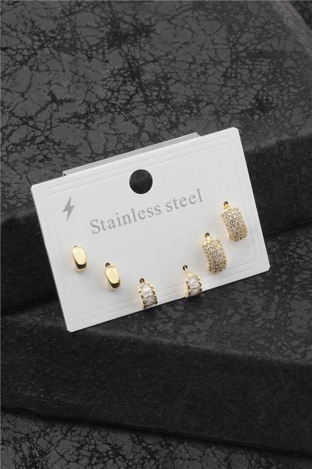 Çelik Altılı Gold Renk Küpe Set