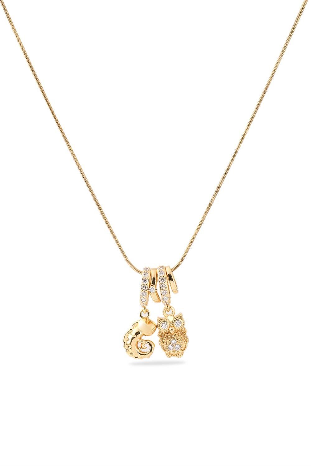 316L Çelik Bukalemun ve Baykuş Figürlü Zirkon Taşlı Gold Renk Kolye 45cm